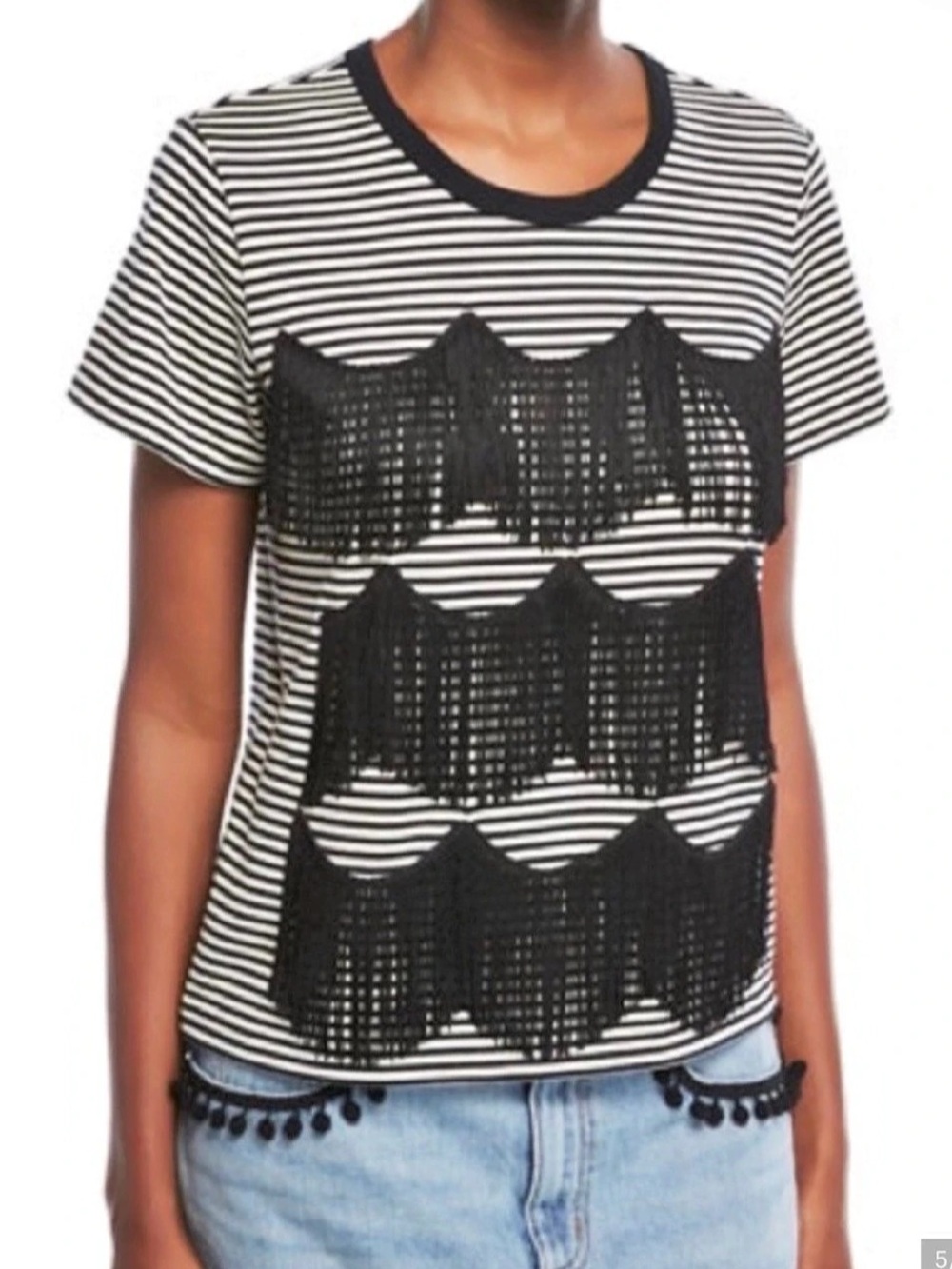 Marc Jacobs Black and White Striped Fringe Tee Size Small